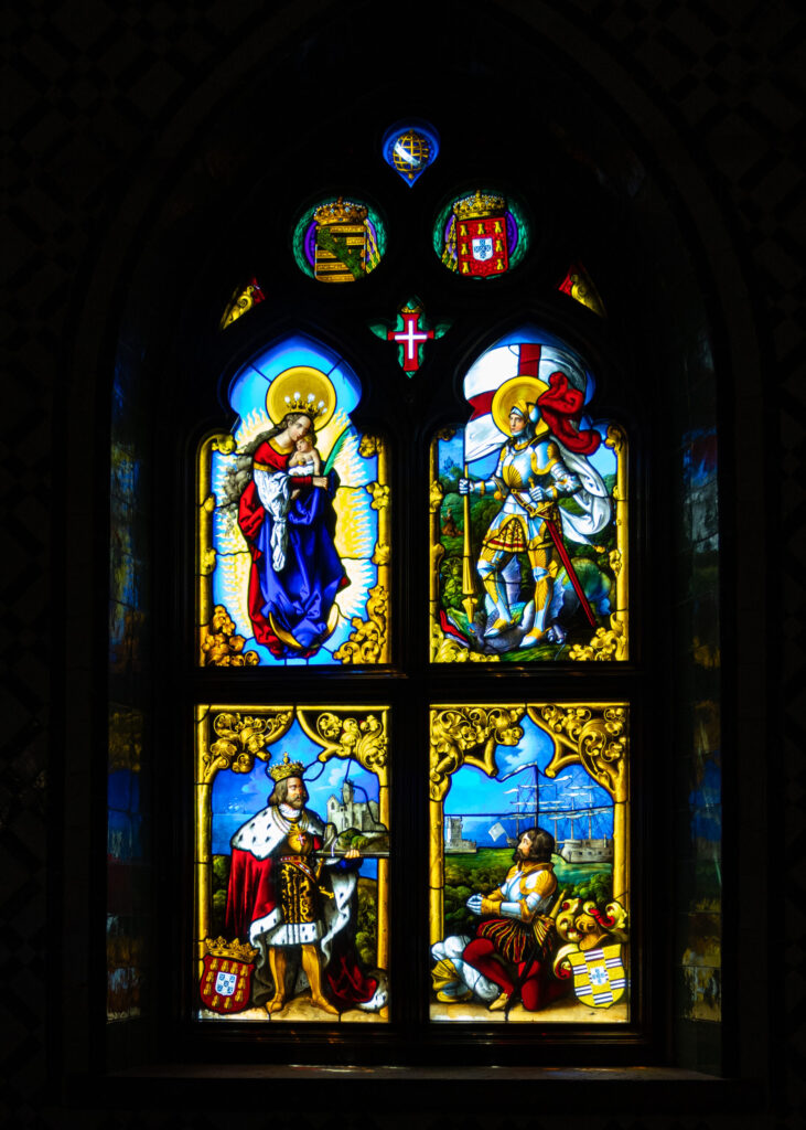 The stained glass window in the chapel
